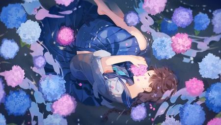 百花丛中的动漫学生妹高清电脑壁纸