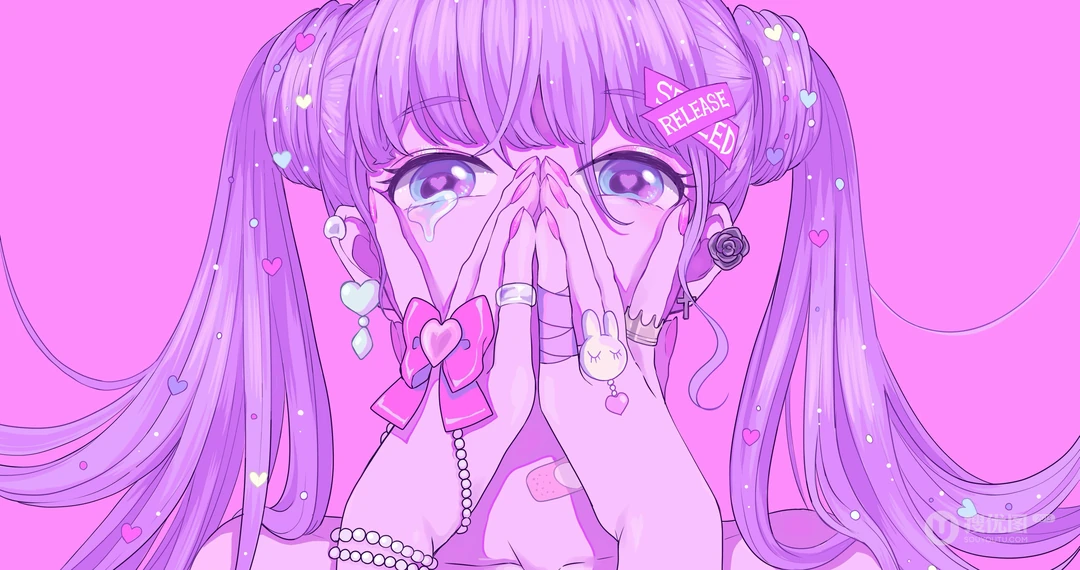 手悟面的双马尾辫动漫少女，满是少女心的电脑壁纸