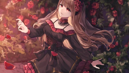 玫瑰花丛中跳舞的动漫少女高清壁纸