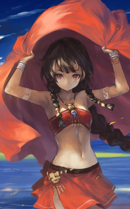 红披风盖头，穿着中国风服饰的古风动漫少女手机壁纸