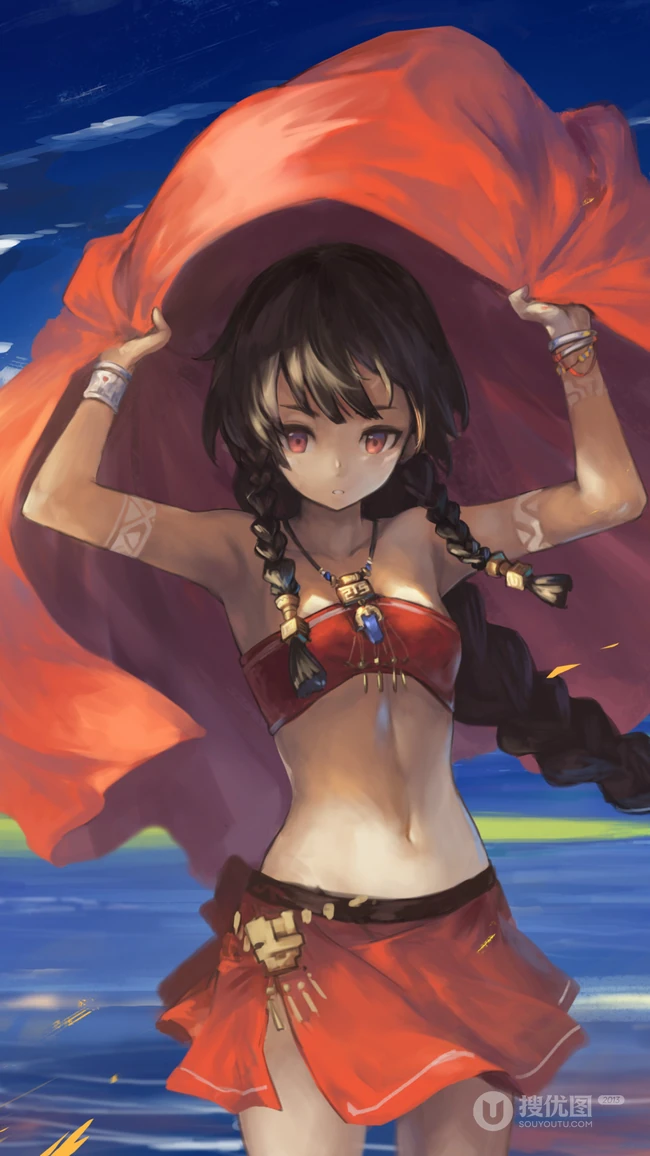 红披风盖头，穿着中国风服饰的古风动漫少女手机壁纸