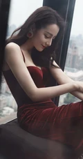 迪丽热巴气质带绒V领肩带礼裙长裙礼服显匀称身形写真图片