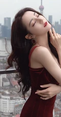 迪丽热巴气质带绒V领肩带礼裙长裙礼服显匀称身形写真图片