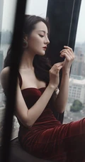 迪丽热巴气质带绒V领肩带礼裙长裙礼服显匀称身形写真图片