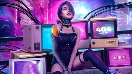 够霸气！坐在电视机前的未来科技霸气女机器人插画壁纸
