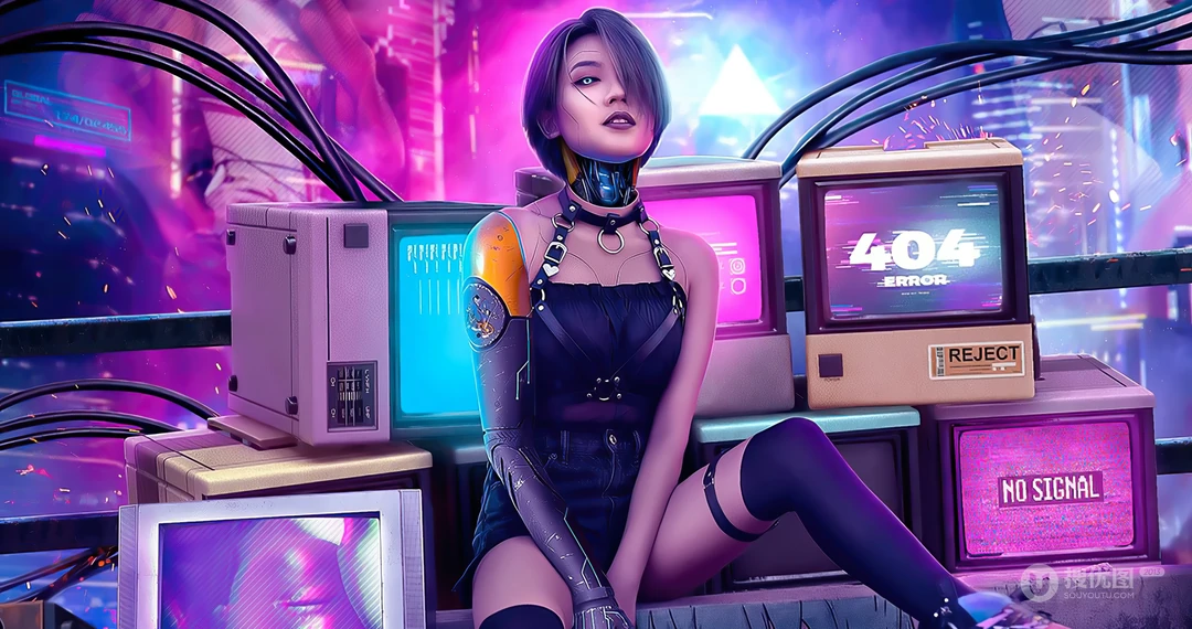 够霸气！坐在电视机前的未来科技霸气女机器人插画壁纸