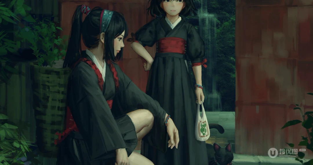 GUWEIZ作品蹲在后院台阶上的女孩