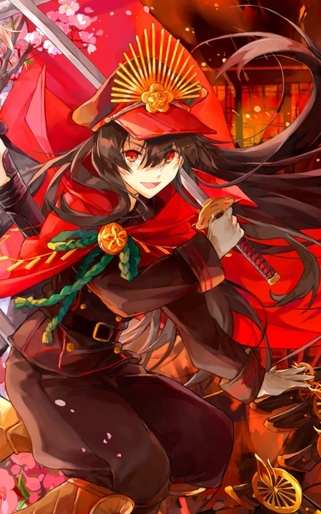 红色披风，金冠军帽挥剑的动漫女生手机壁纸