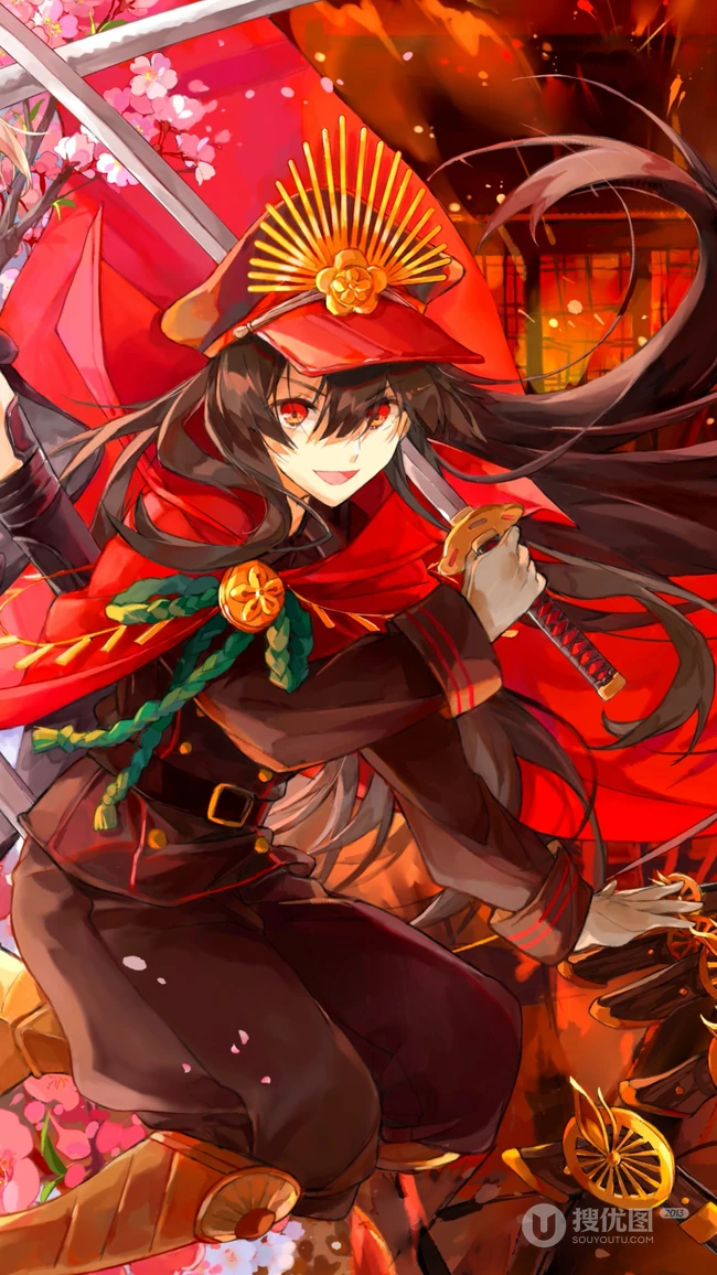 红色披风，金冠军帽挥剑的动漫女生手机壁纸