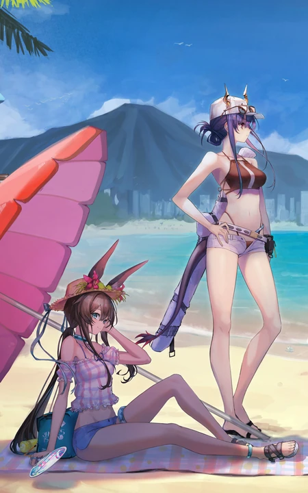 遮阳伞下沙滩乘凉的动漫少女手机壁纸