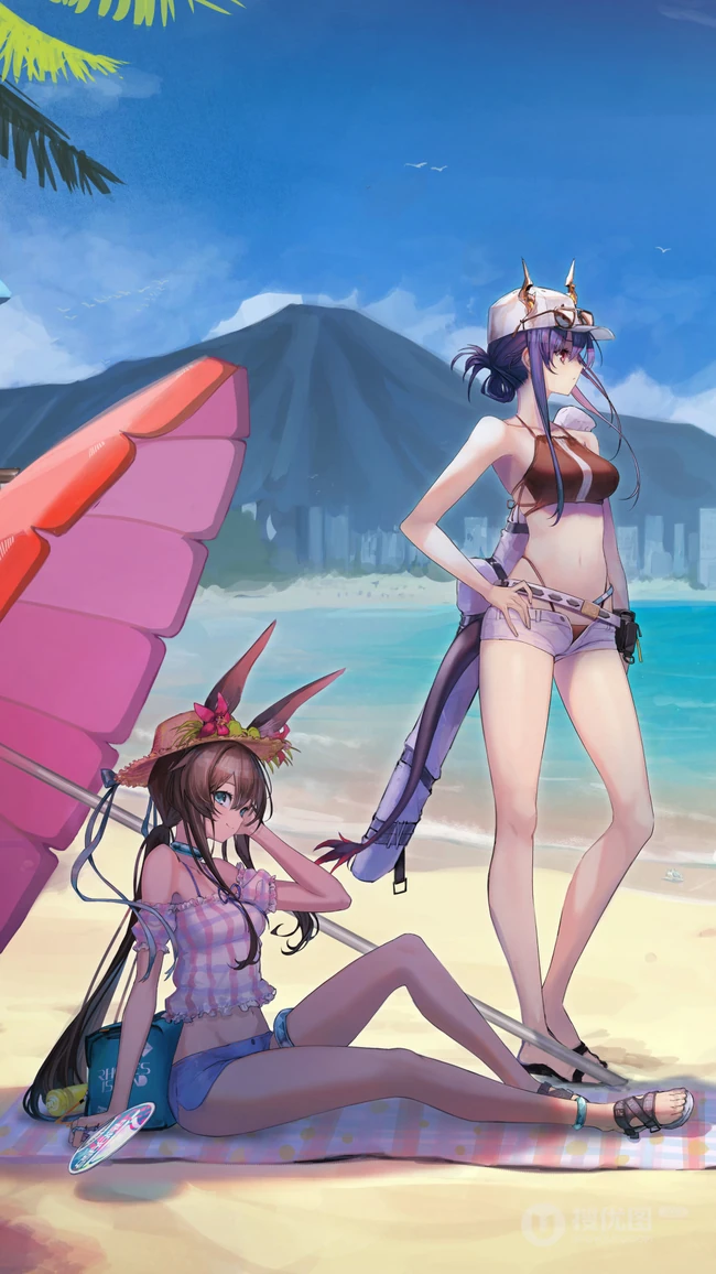 遮阳伞下沙滩乘凉的动漫少女手机壁纸