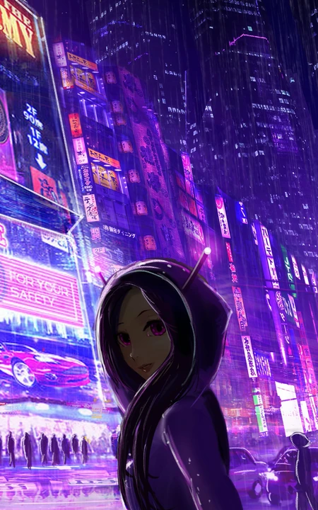 紫色街灯，夜景繁华城市街道上的动漫女孩
