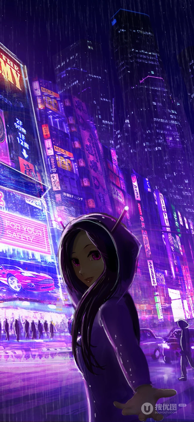 紫色街灯，夜景繁华城市街道上的动漫女孩
