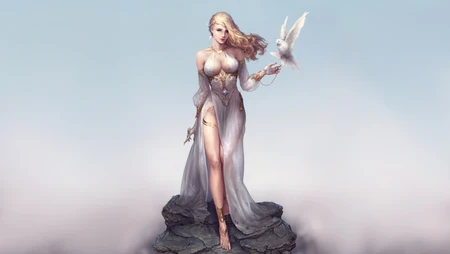 手托白鸽，走下台阶的欧美动漫女神的超清电脑壁纸