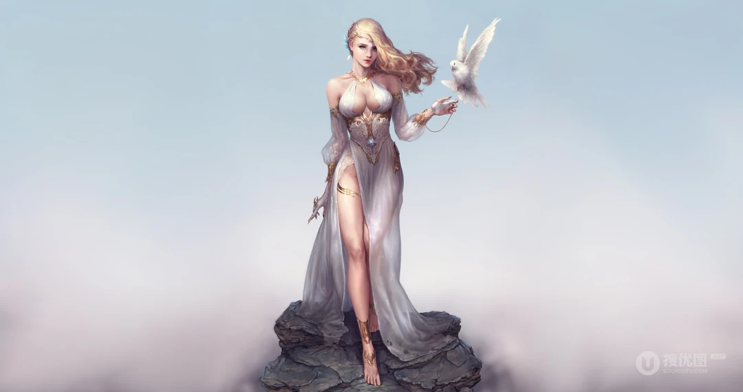 手托白鸽，走下台阶的欧美动漫女神的超清电脑壁纸