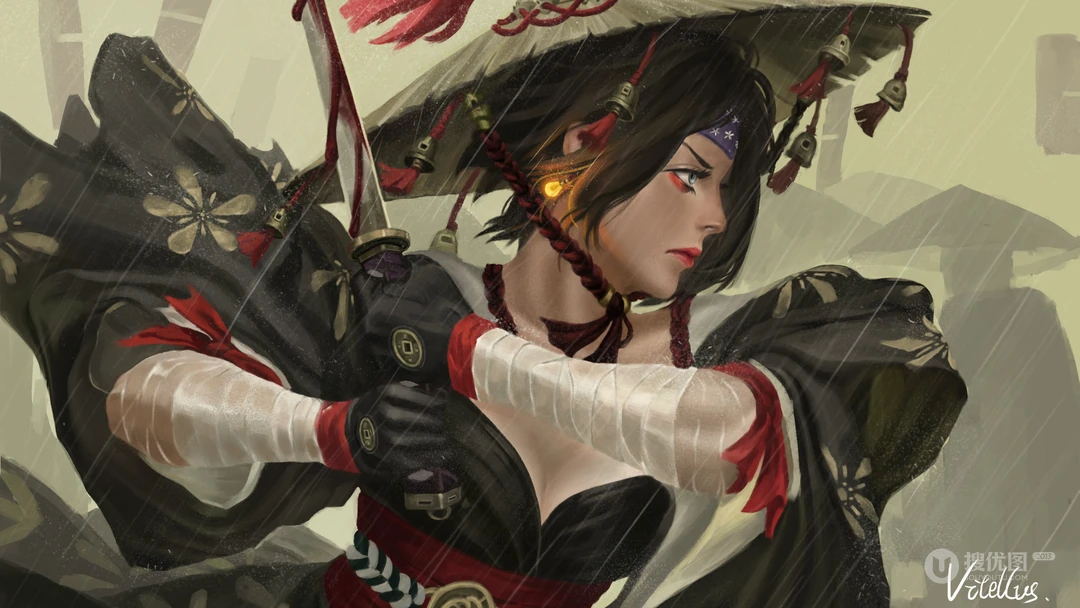 插画大神GUWEIZ人物插画壁纸系列之戴斗笠的独眼女孩角色