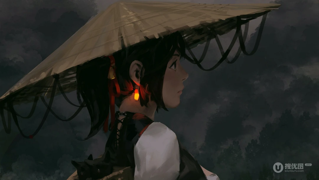 插画大神GUWEIZ人物插画壁纸系列之戴斗笠的独眼女孩角色