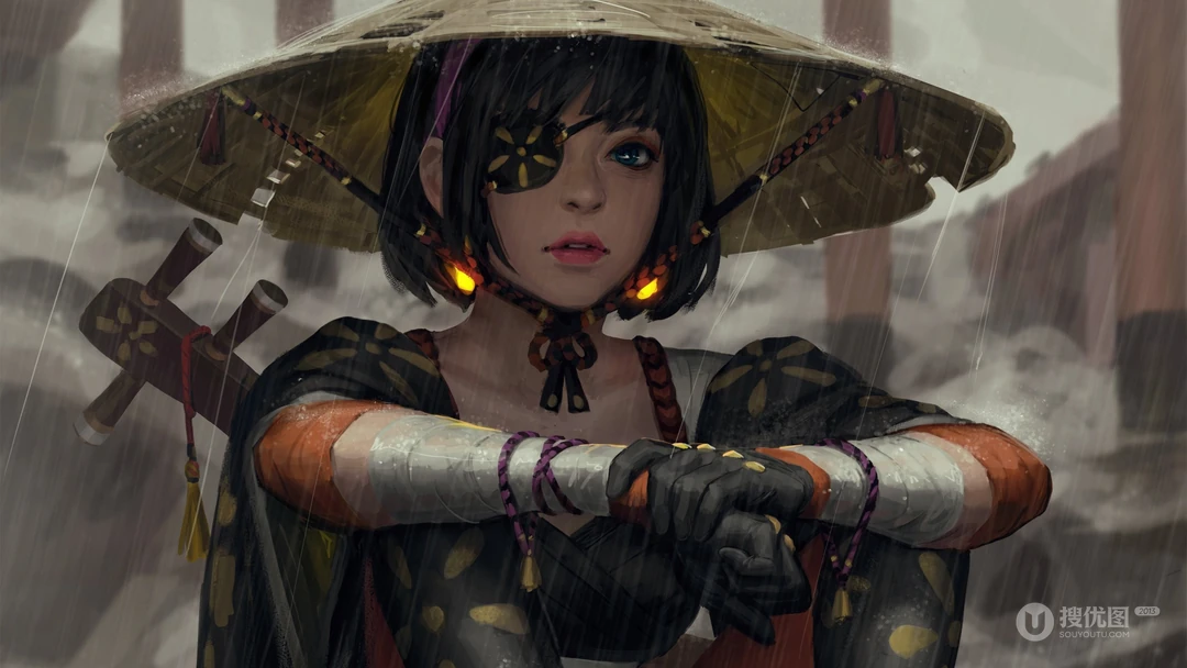 插画大神GUWEIZ人物插画壁纸系列之戴斗笠的独眼女孩角色