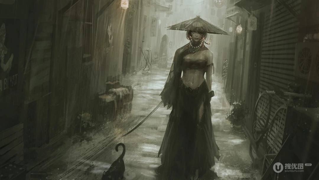 插画大神GUWEIZ人物插画壁纸系列之戴斗笠的独眼女孩角色