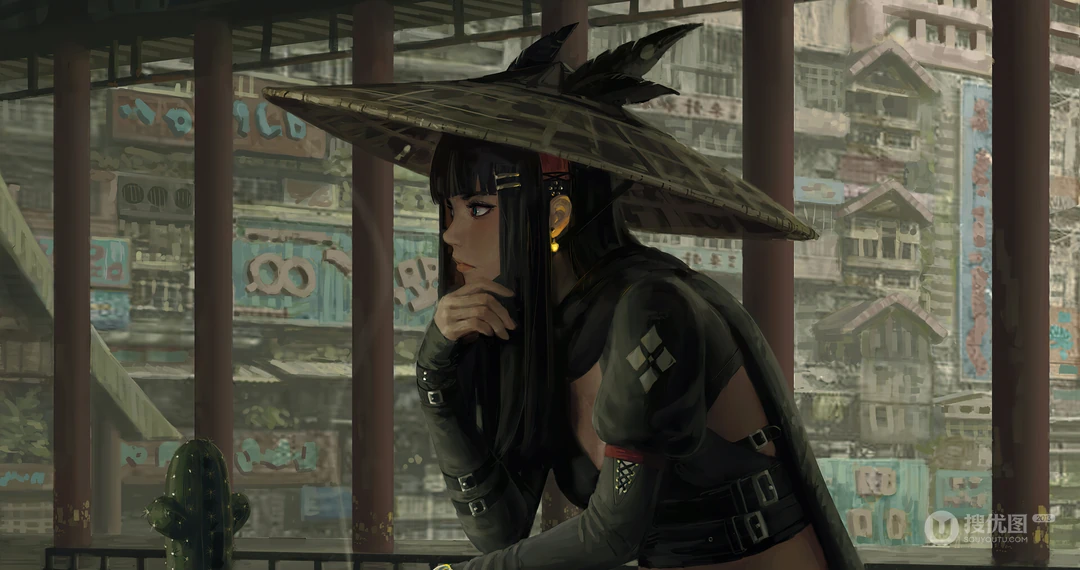 插画大神GUWEIZ人物插画壁纸系列之戴斗笠的独眼女孩角色