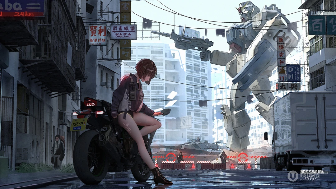 GUWEIZ场景插画壁纸，街道上骑机车的女孩和远处的高达