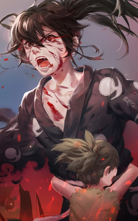 伤痕累累，眼放红光狂暴的动漫人物插画手机壁纸