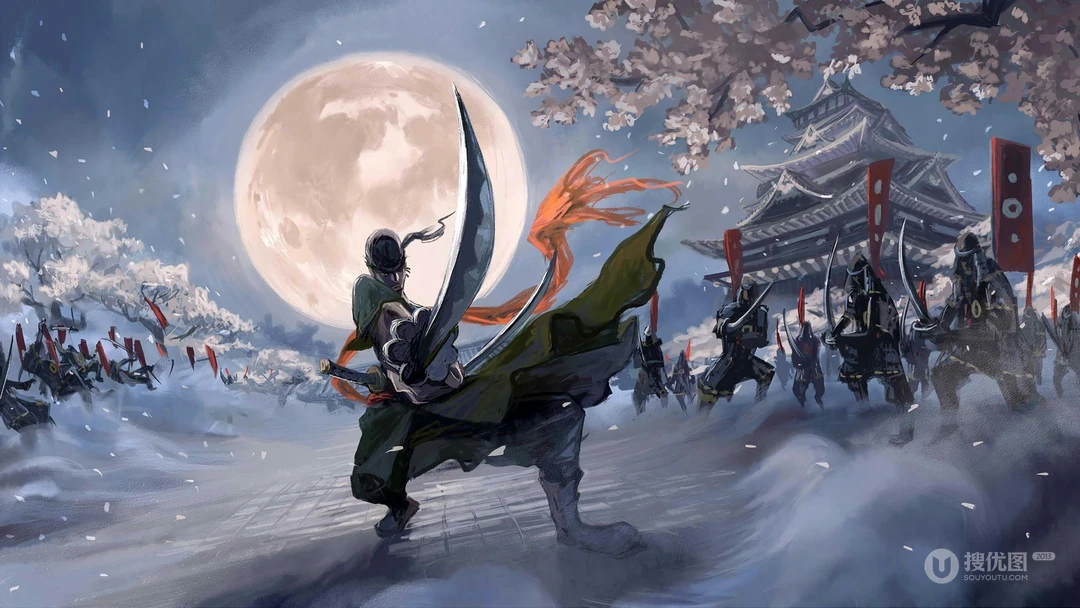 超大的月亮，排列整齐的日本武士和挥砍武士刀的日系动漫人物