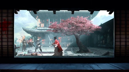 樱花树的院子里拔刀对峙的日本忍者和武士的场景插画壁纸