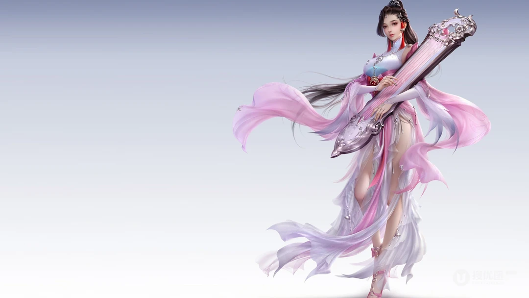 仙气飘飘抱着古筝的古风美女电脑壁纸，真美！