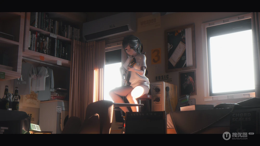 书房练吉他的动漫少女