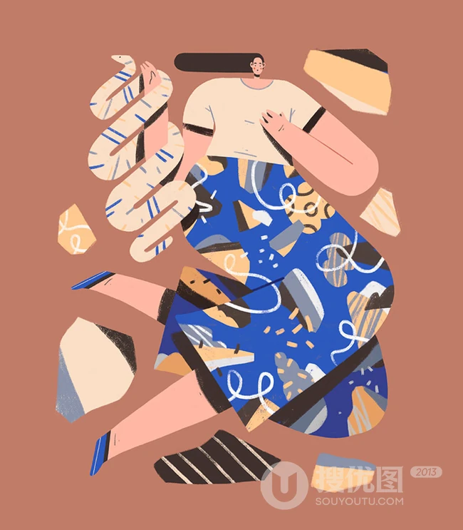 夸张的人物比例，以拼贴方式构图，色彩丰富具有趣味性的插画作品集