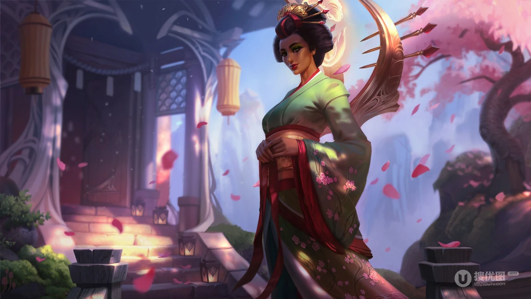 樱花树下的动漫日本和服美女人物插画桌面壁纸