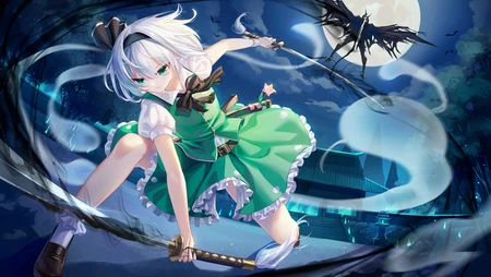 拿武士双刀战斗的日系动漫美女桌面壁纸