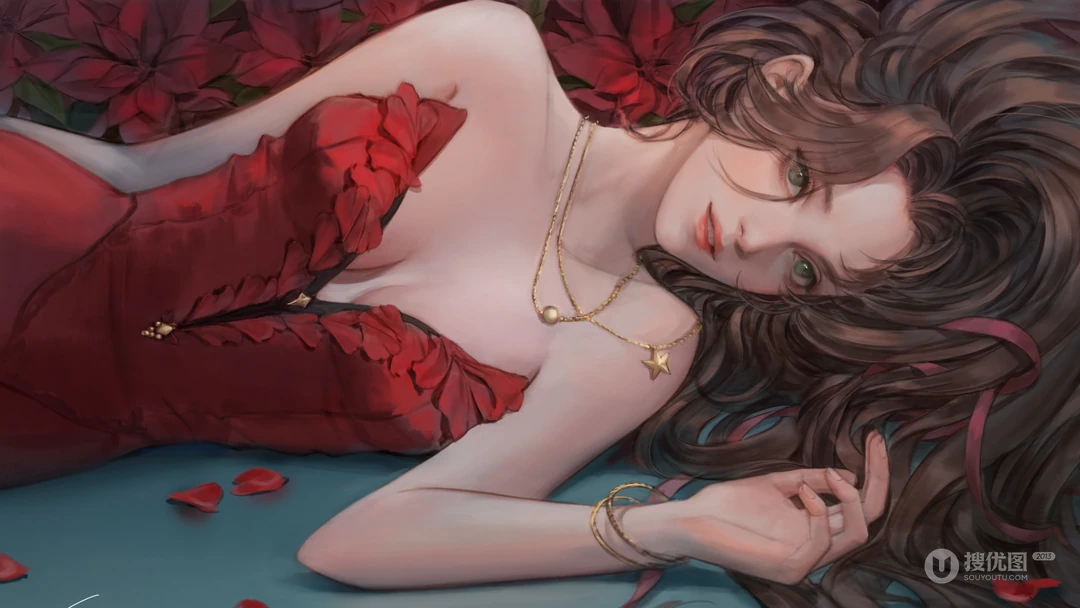 穿玫瑰花衣如玫瑰般美丽的动漫美女超清桌面壁纸