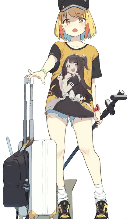 手拉行李箱出行的动漫女生肖像插画手机壁纸