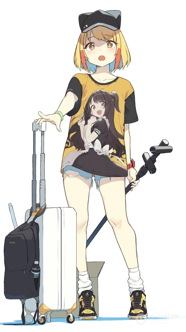 手拉行李箱出行的动漫女生肖像插画手机壁纸