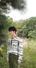 朱正廷户外小山坡，草地上，树木旁洋气，帅气写真图片