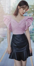 李沁甜美气质紫衣搭配黑色皮裙落地窗前动人写真照