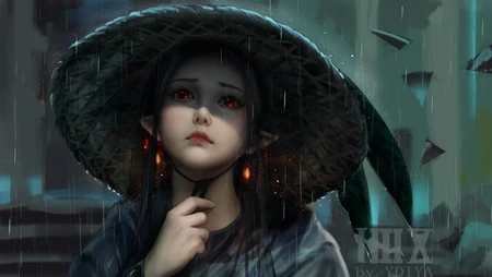 手绘戴斗笠的动漫女人物插画壁纸