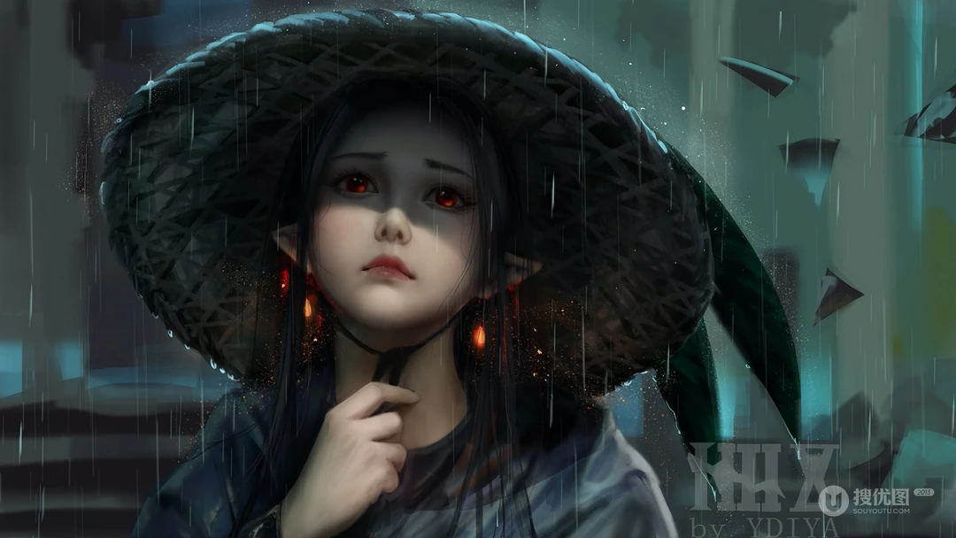 手绘戴斗笠的动漫女人物插画壁纸
