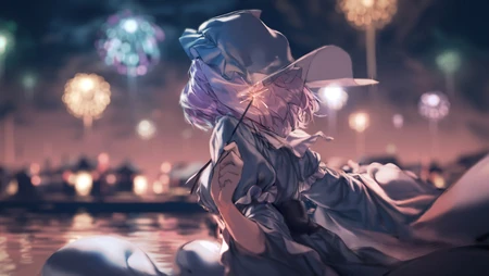 手拿烟火看对岸烟花秀的动漫女人物