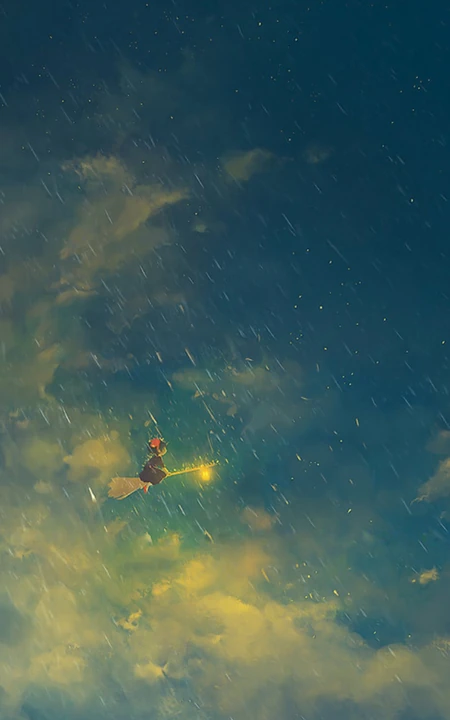 下雨的天空骑着魔法扫把飞行的动漫女孩