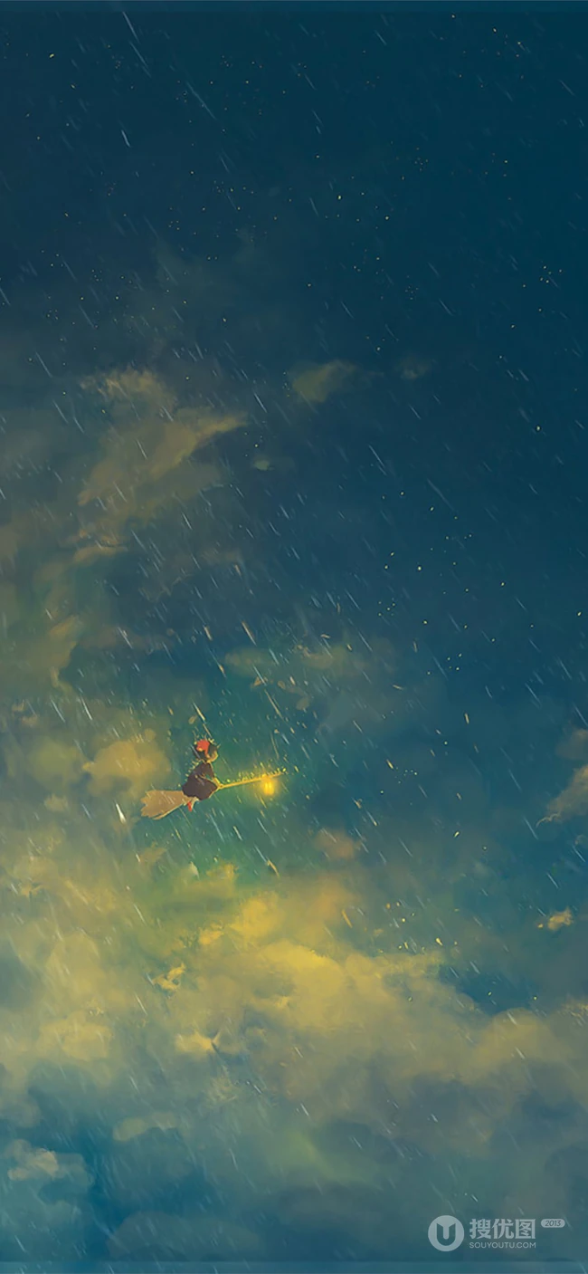 下雨的天空骑着魔法扫把飞行的动漫女孩