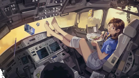 创意手绘在飞机驾驶室吃面的动漫少女