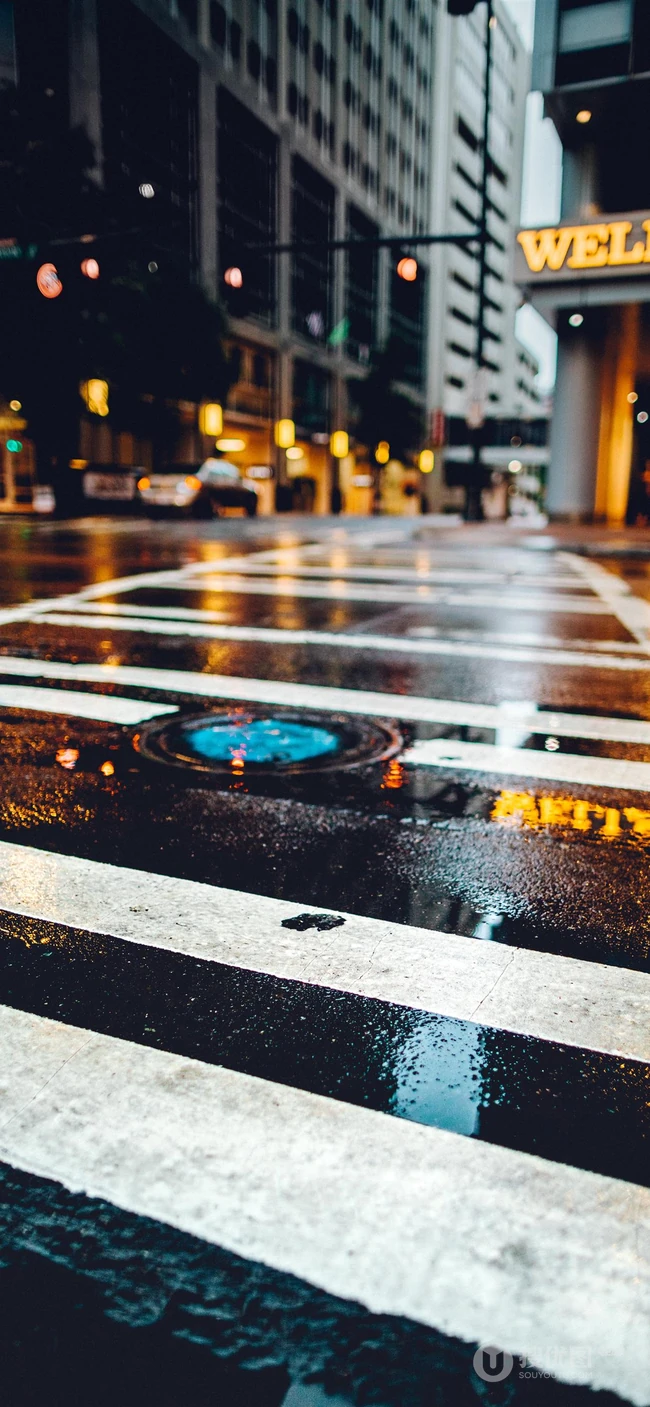 雨后繁华城市街头路口的斑马线风景