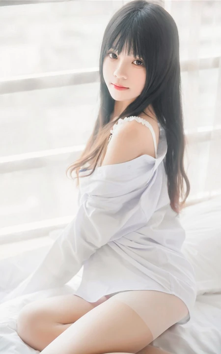 清新清新气质女生桜桃喵线条感玉足男友衬衫肉袜装的气质室内写真魅力图集