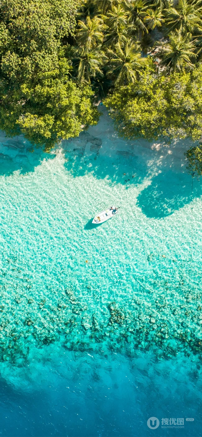 蔚蓝海浪冲刷着海滩的航拍唯美景色手机壁纸