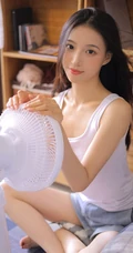 长发柔顺嫩白美脚女生白背心短裤悠闲居家写真照