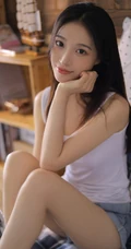 长发柔顺嫩白美脚女生白背心短裤悠闲居家写真照