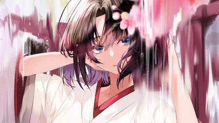 樱花树下的和服动漫短发少女
